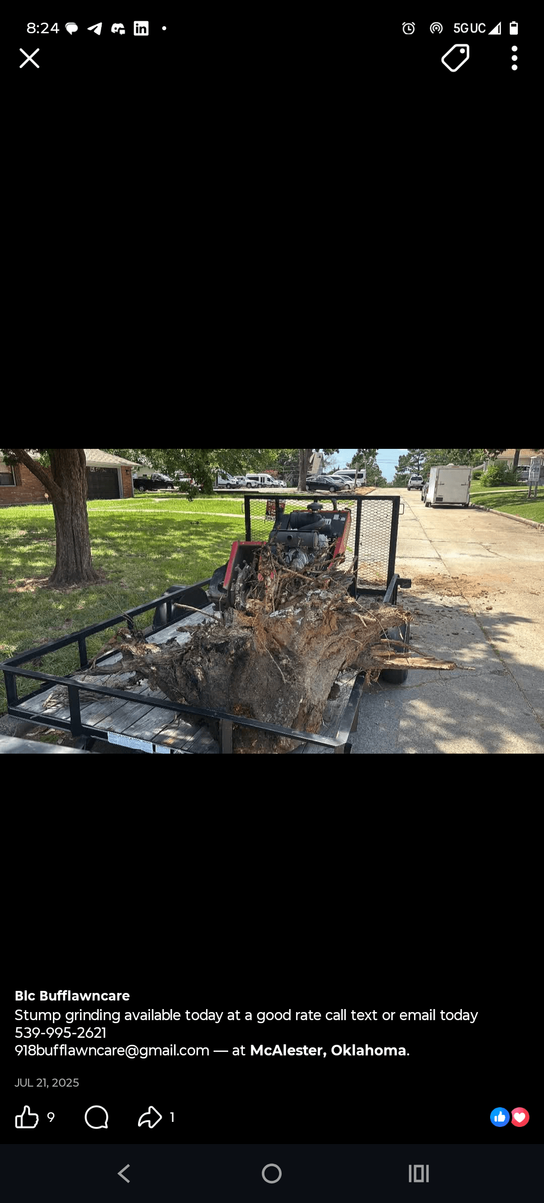 Large tree stump and red stump grinder on a black utility trailer in a neighborhood.