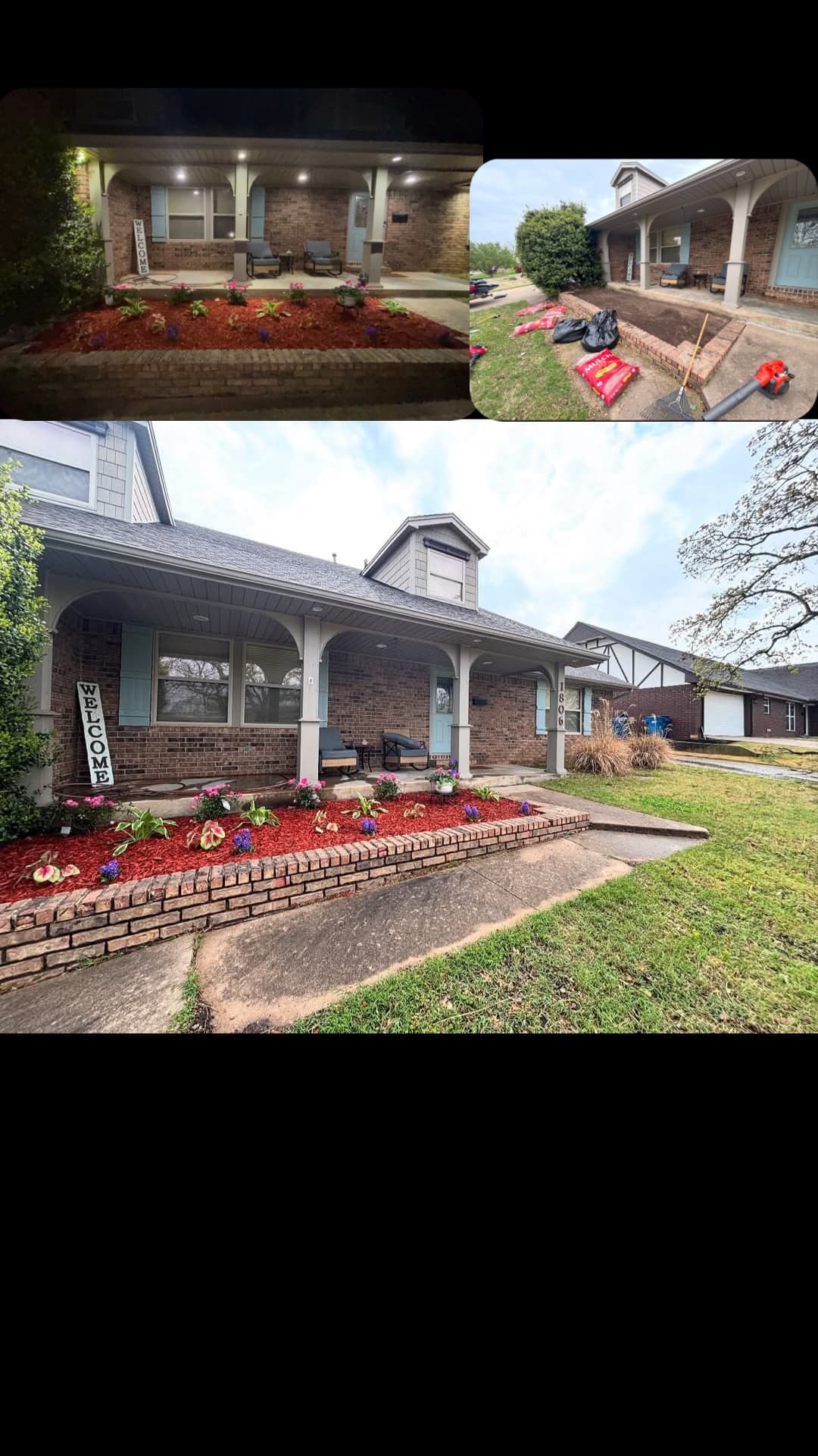 Collage showing a brick house's front porch with a newly landscaped red mulch flower bed.