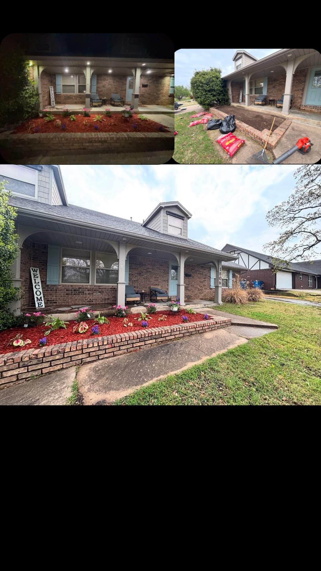 Before and after photos of a brick-lined garden bed with red mulch and colorful flowers.