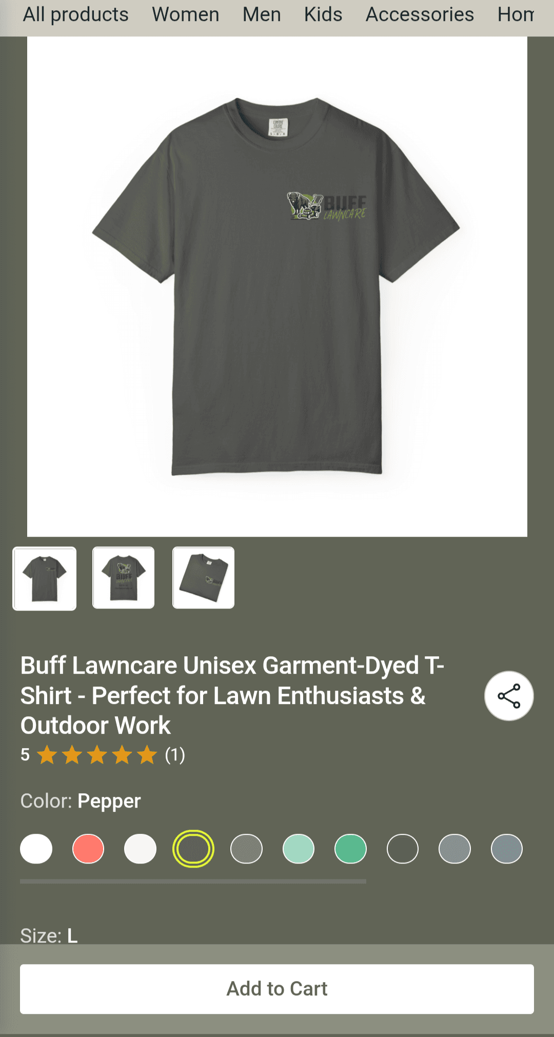 Dark grey crew-neck t-shirt with a small Buff Lawncare logo on the left chest.